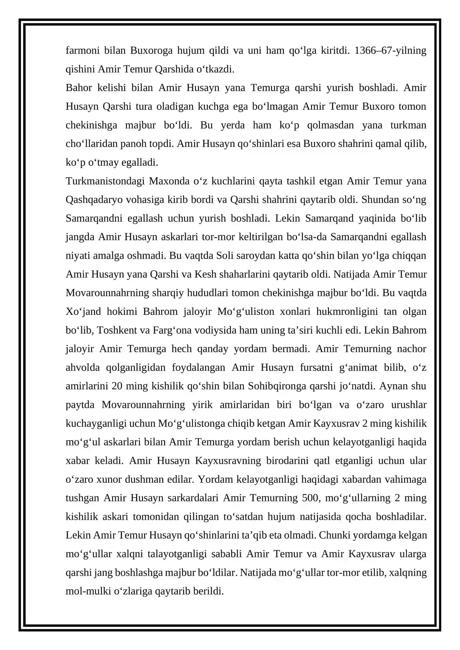 Amir Temur va Amir Husayn o‘rtasida hokimiyat uchun kurash mavzusida referat tayyorlash 4