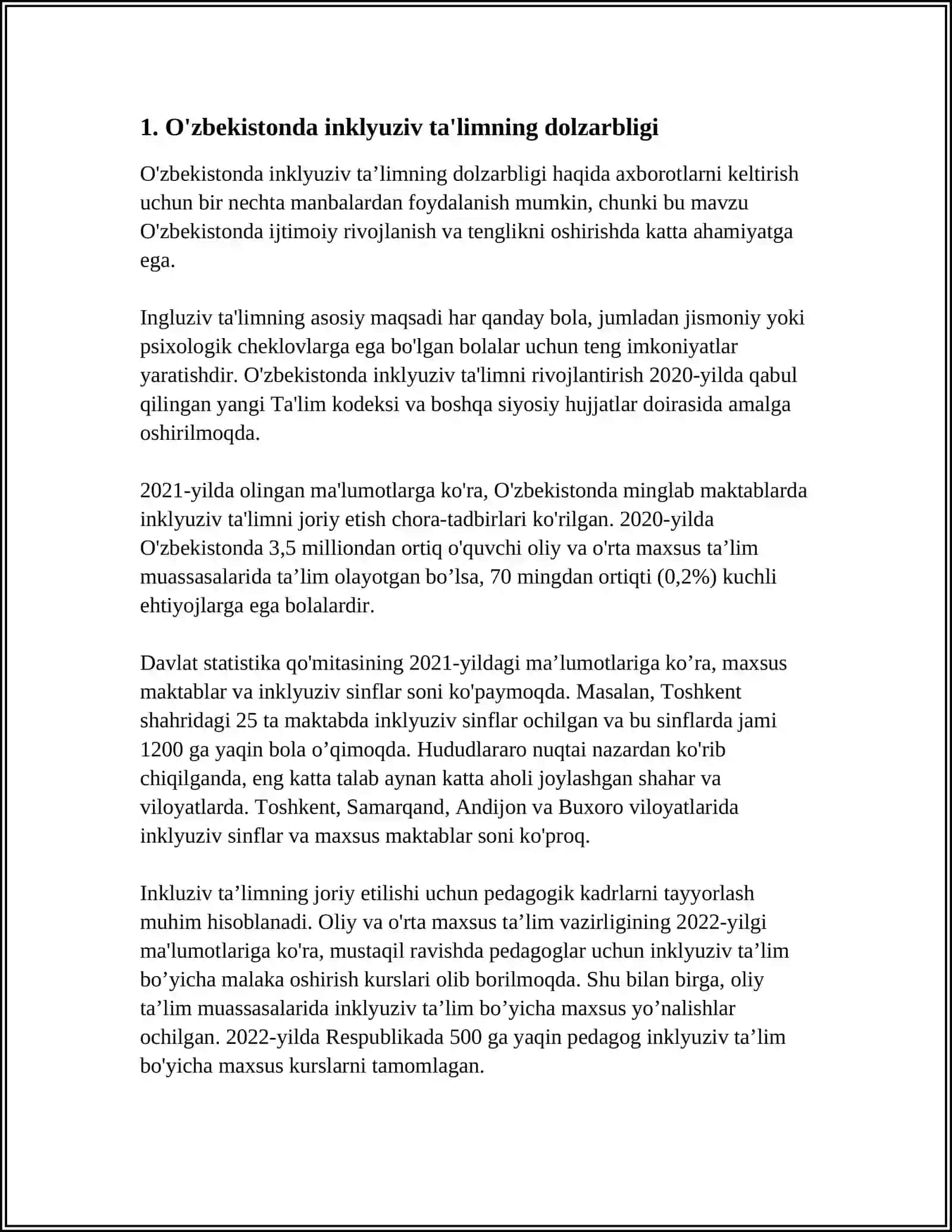 OʻZBEKISTONDA INKLYUZIV TAʼLIMNING MEʼYORIY HUQUQIY BAZASINI TASHKIL ETISH 4