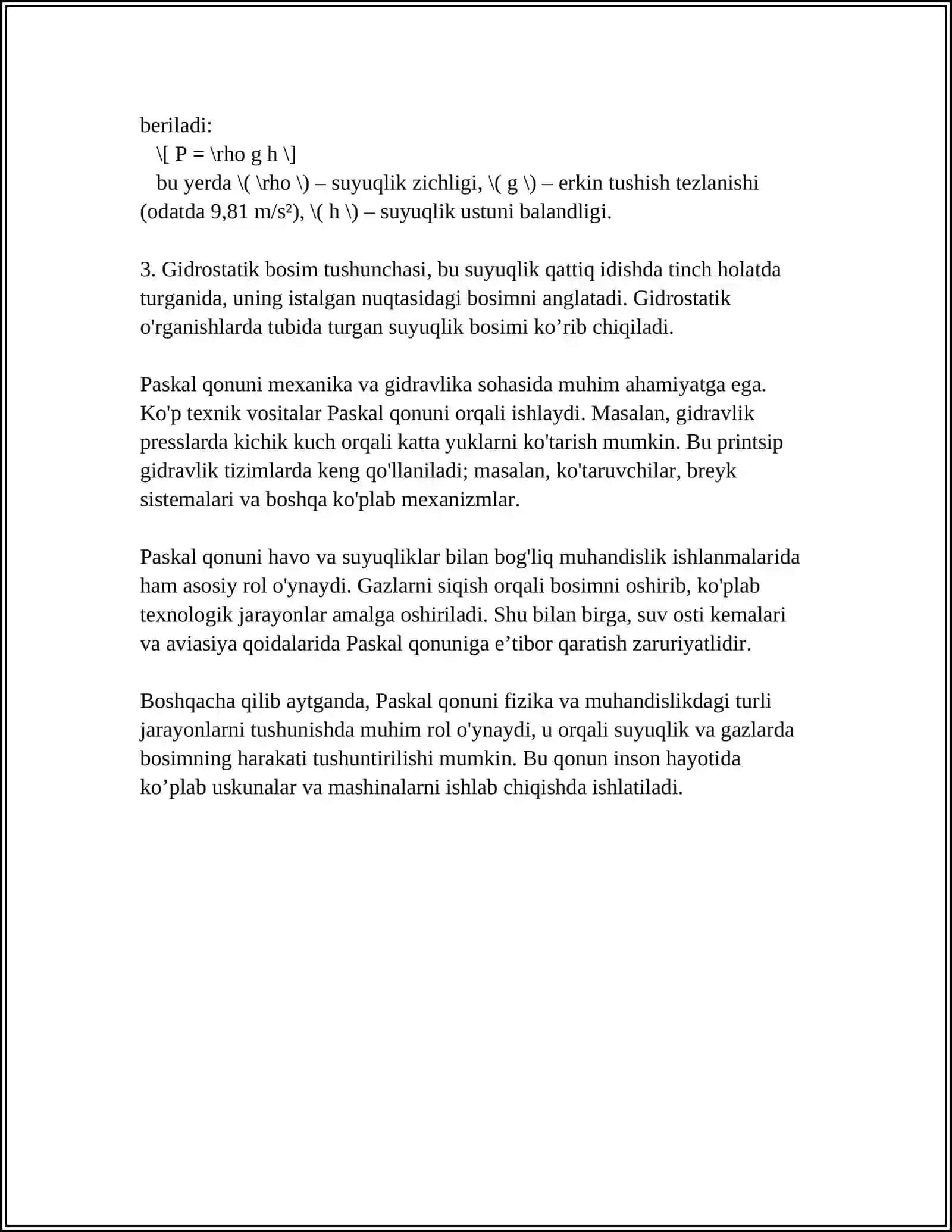 PASKAL VA ARXIMED QONUNLARI. PUAZЕYL FORMULASI. NYUTON QONUNI. STOKS QONUNI. LAMINAR VA TURBULENT OQIM. REYNOLDS SONI 4