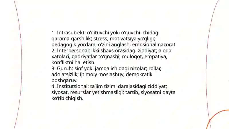 Pedagogik nizolar va ziddiyatlarning falsafiy, pedagogik- psixologik tasnifi 4