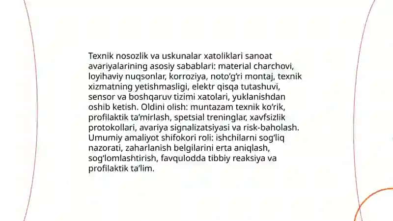Texnogen halokatlarda sanoat avariyalarini kelib chiqish sabablari va halokatni bartaraf etishda umumiy amaliyot shifokorining profilaktika ishlari va roli 4