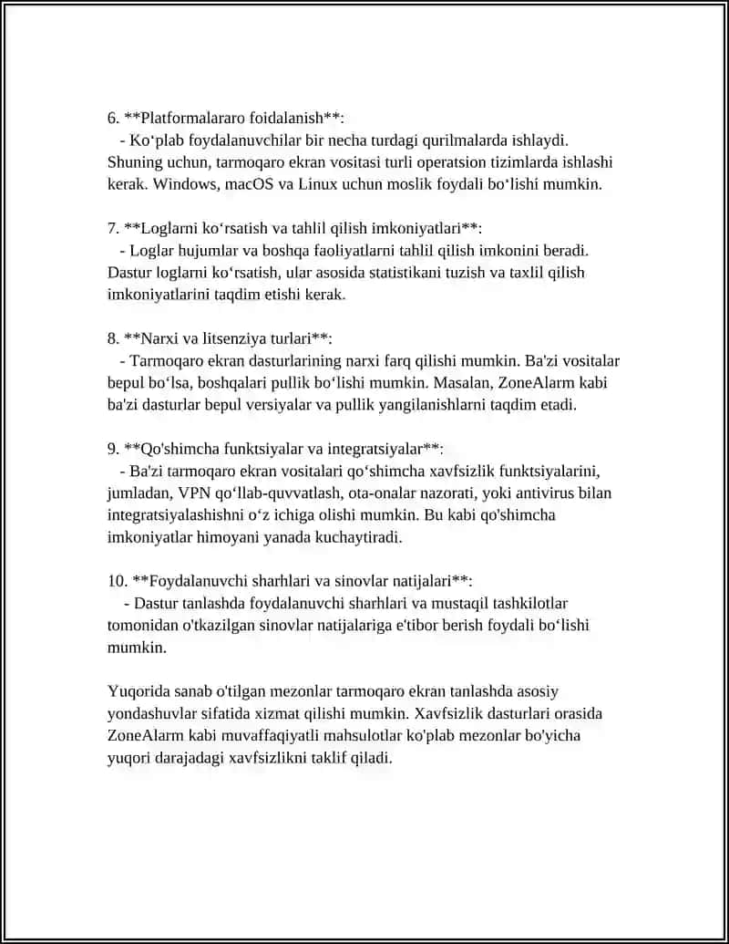 BIROR TARMOQLARARO EKRAN VOSITALARINI (MASALAN, ZONEALARM) O'RNATISH VA SOZLASH 4