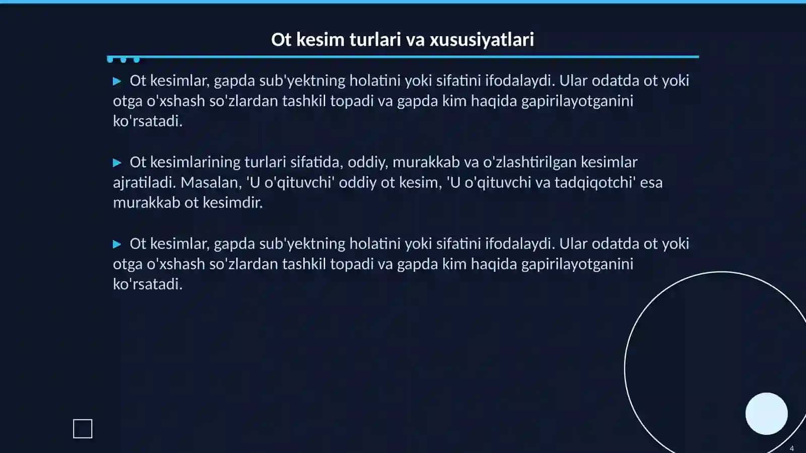 Kesim va uning ifodalanishi. Ot kesim va fe'l kesim haqida tushuncha 4