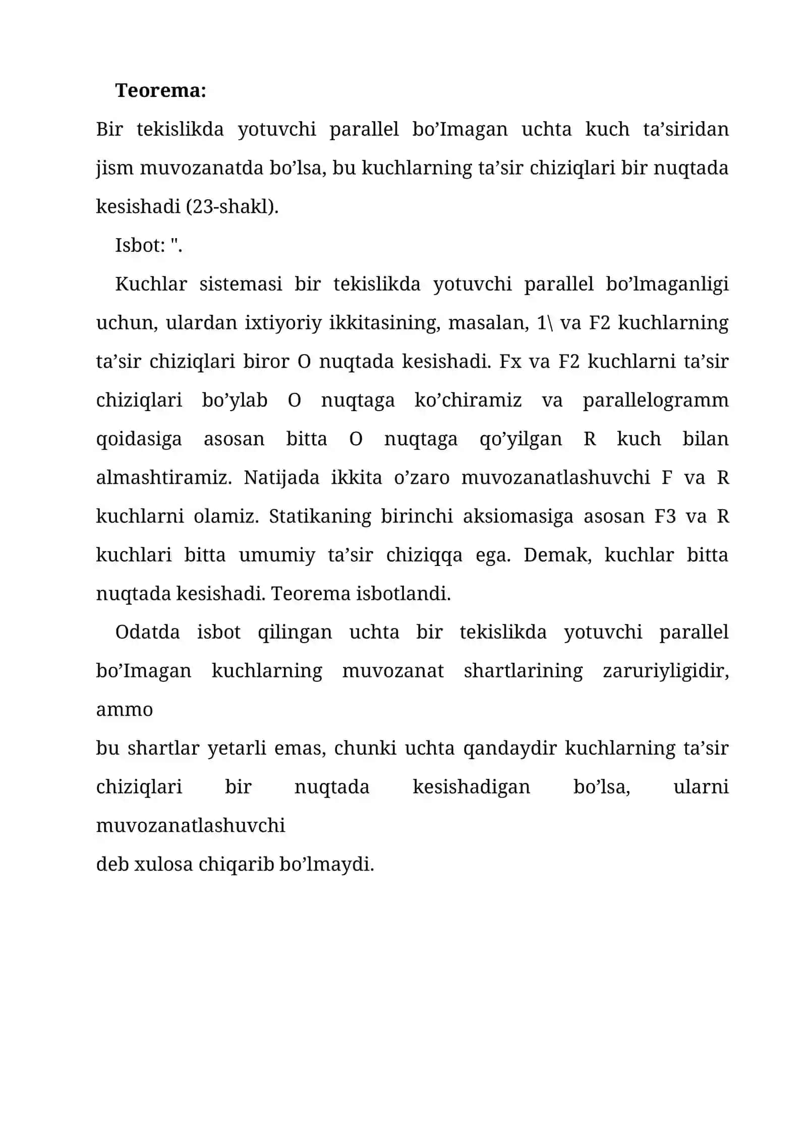 Uch kuchning muvozanati haqida teorema. Kuchning tekislikdagi va òqdagi proyeksiyasi 4