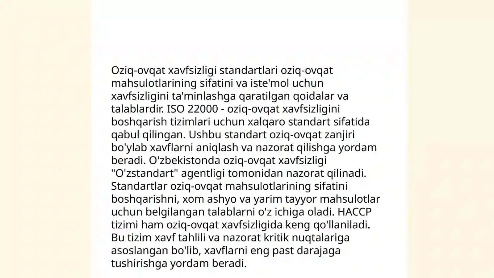 Oziq-ovqat mahsulotlarini SanPiN bo‘yicha sifat va xavfsizligini nazorat qilish 4