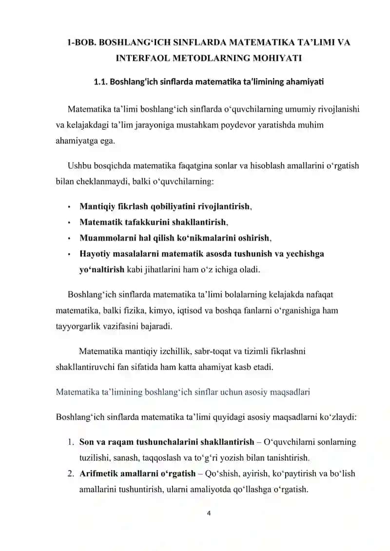 BOSHLANG’ICH  SINFLARDA  MATEMATIKA DARSLARIDA INTERAKTIV METODLARDAN FOYDALANISH 4