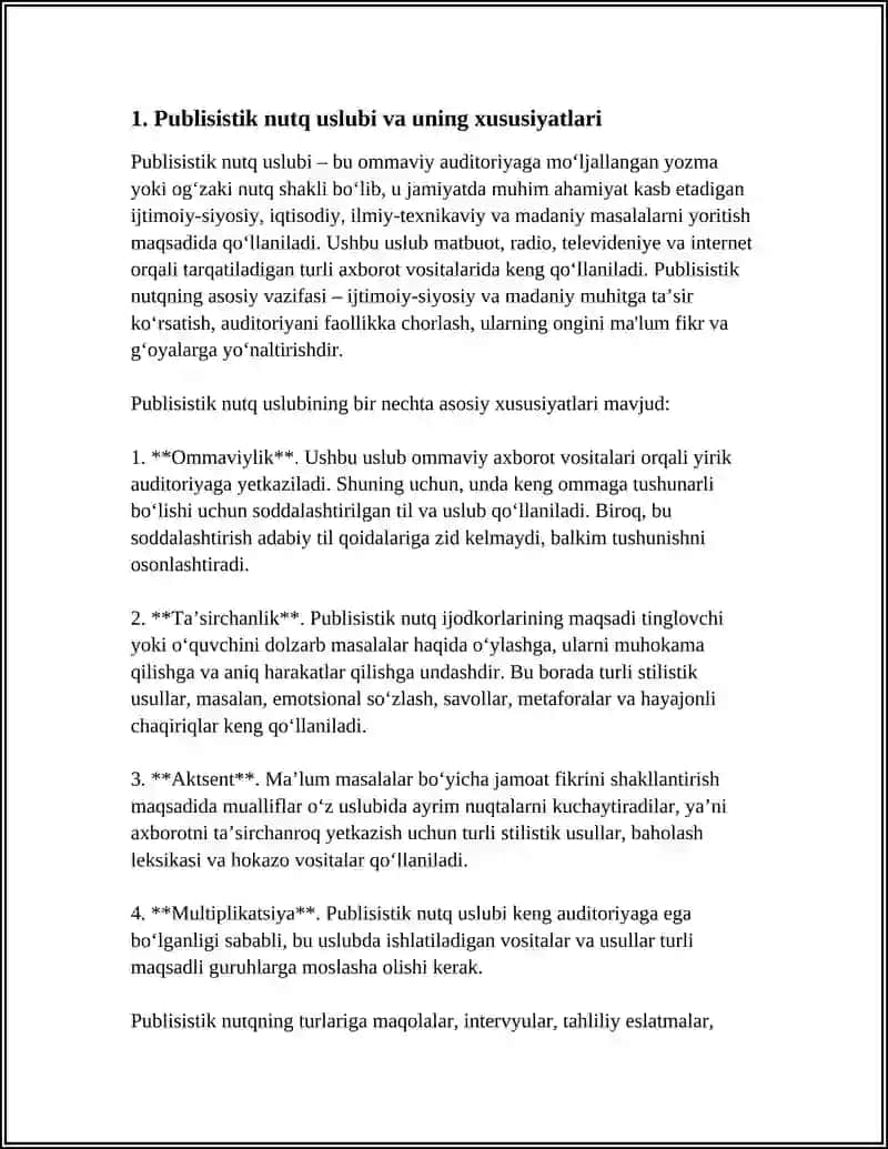 PUBLISISTIK NUTQ USLUBI.PUBLISISTIK MAQOLALAR BILAN TANISHISH VA TAHLIL QILISH."MEN TANLAGAN SOHA" MAVZUSIDA ESSE YOZISH 4