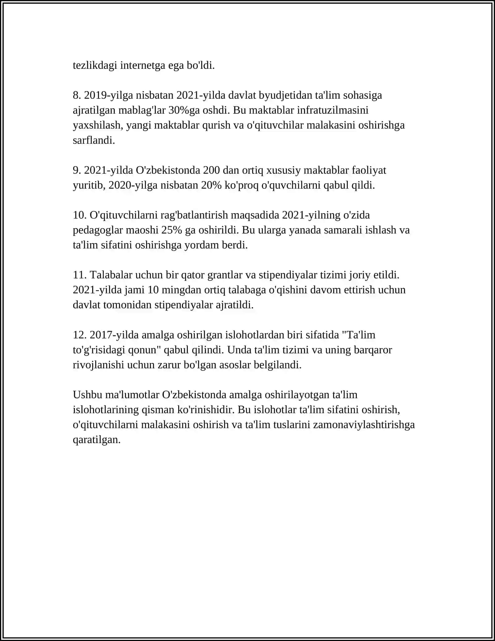 REFERAT: O'ZBEKISTONDA AMALGA OSHIRLAYOTGAN ISLOXATLAR 2024-2025-O'QUV YILI 4