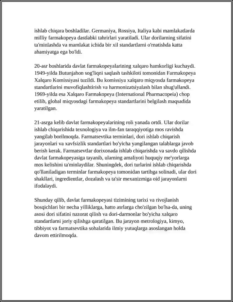 DAVLAT FARMAKOPEYASI. TARIXI. TUZILISHI. DORI TURLARI TEXNOLOGIYASIDA QOLLANILADIGAN TERMINLAR. DORIXONA SHAROITIDA DORI ISHLAB CHIQARISH QOYDALARI 4