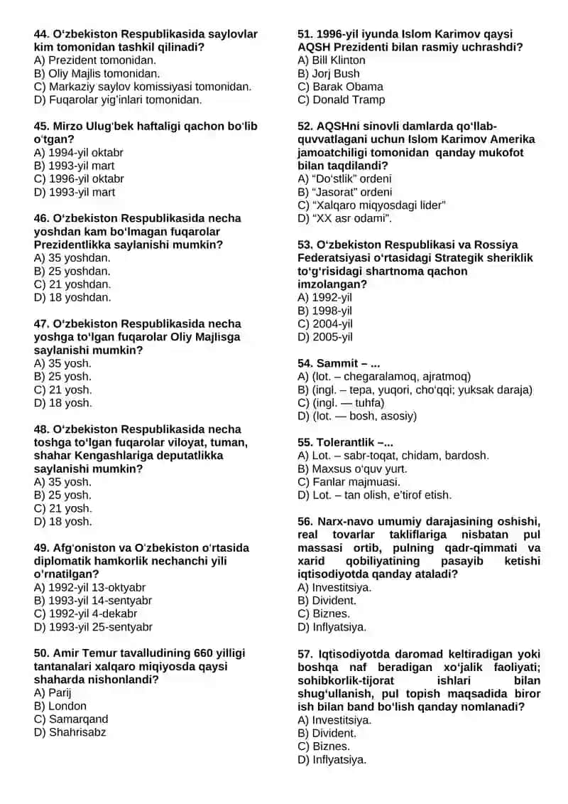 O‘ZBEKISTONNING ENG YANGI TARIXI FANIDAN YAKUNIY NAZORAT TEST SAVOLLARI (200 TA) 4
