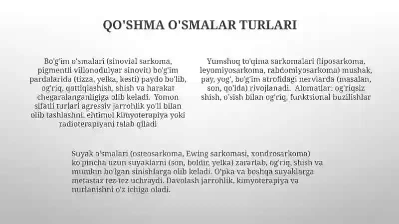 Suyak o'smalari.Artritlar va artrozlar.Bo'g'im o'smalari.Yumshoq to'qimalar o'smalari 4