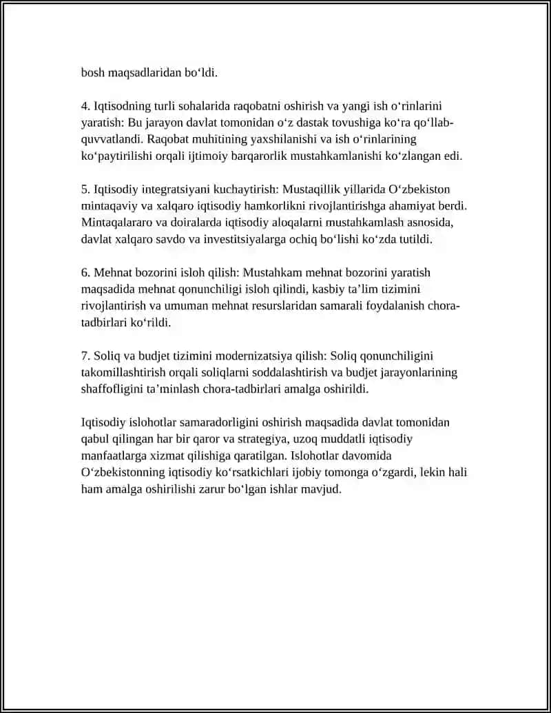 IQTISODIY ISLOHOTLAR, XUSUSIY MULKCHILIKNING SHAKLLANISHI. O'ZBEKISTONDA BOZOR MUNOSABATLARINING RIVOJLANISHI 4