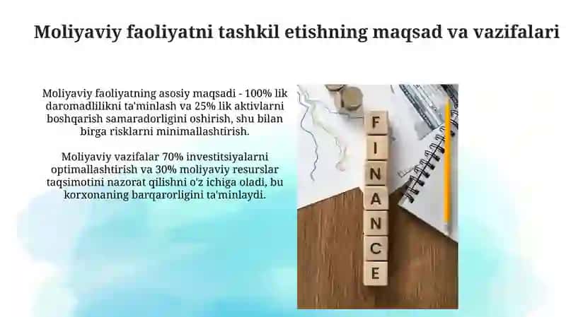 Korxonalarda moliyaviy faoliyatni tashkil etish mexanizmi va uning xususiyatlari 4