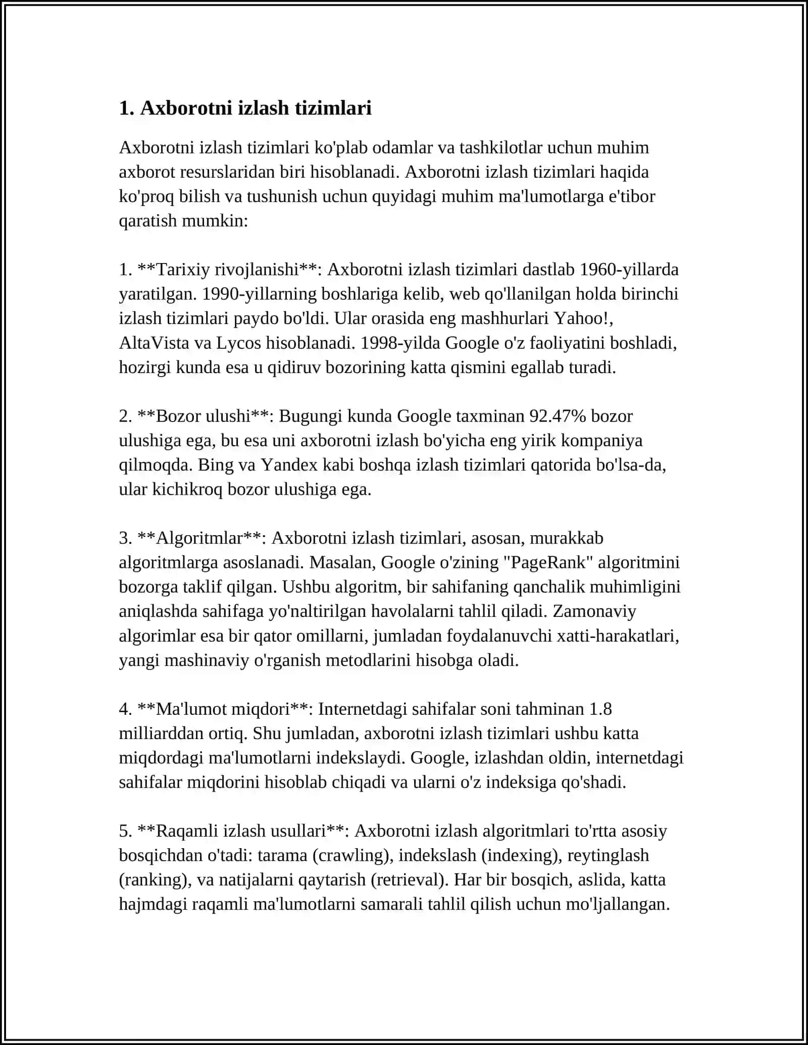 AXBOROTLARNI IZLASH VA TANLASH TAMOYILLARI, MA'LUMOTLARNING AXBOROTLI MODULLARI 4
