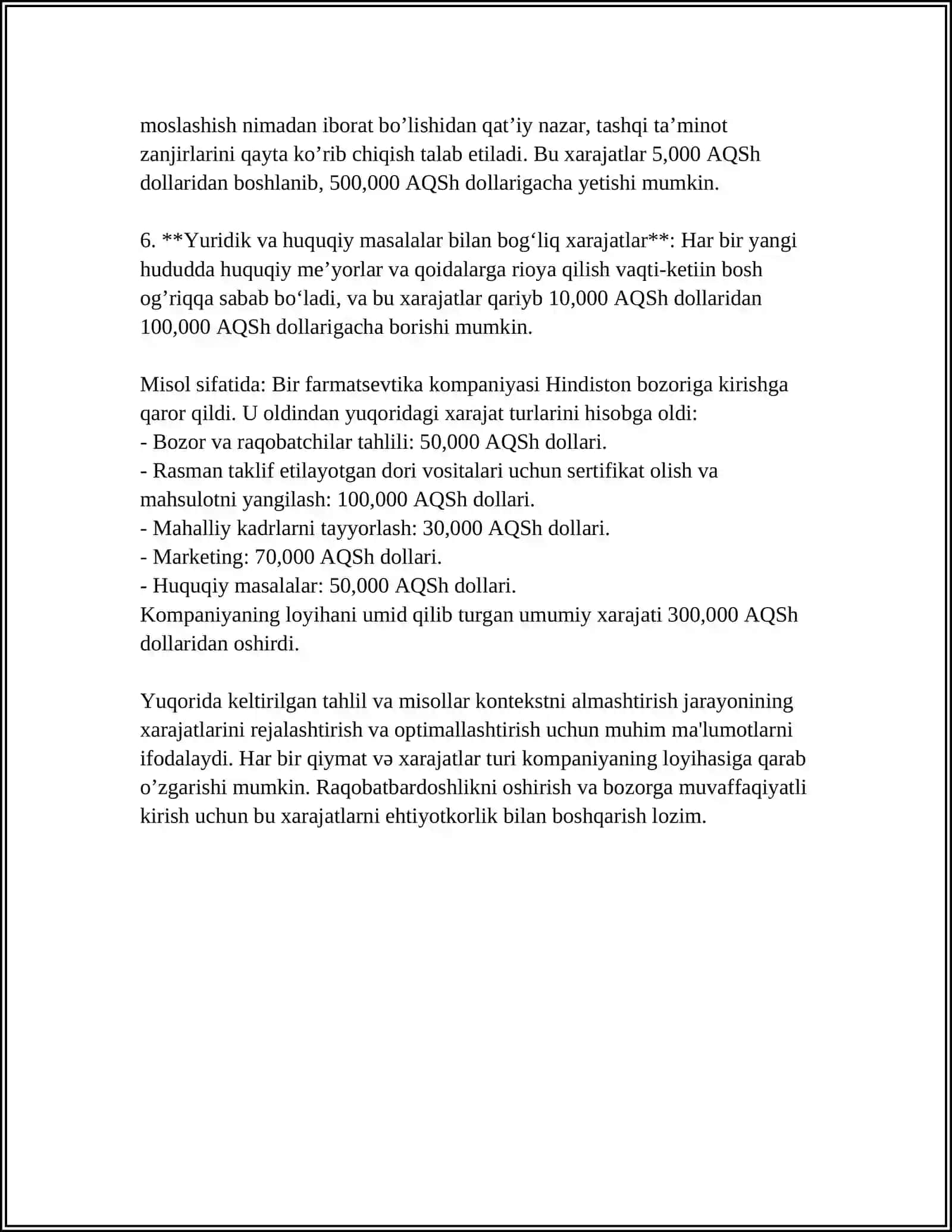 HISOBOT TAYYORLANG: "KONTEKSTNI ALMASHTIRISH: XARAJATLAR VA OPTIMALLASHTIRISH" MISOLLAR BILAN 4
