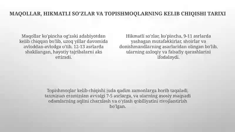 Maqollar, Hikmatli So'zlar va Topishmoqlar 4