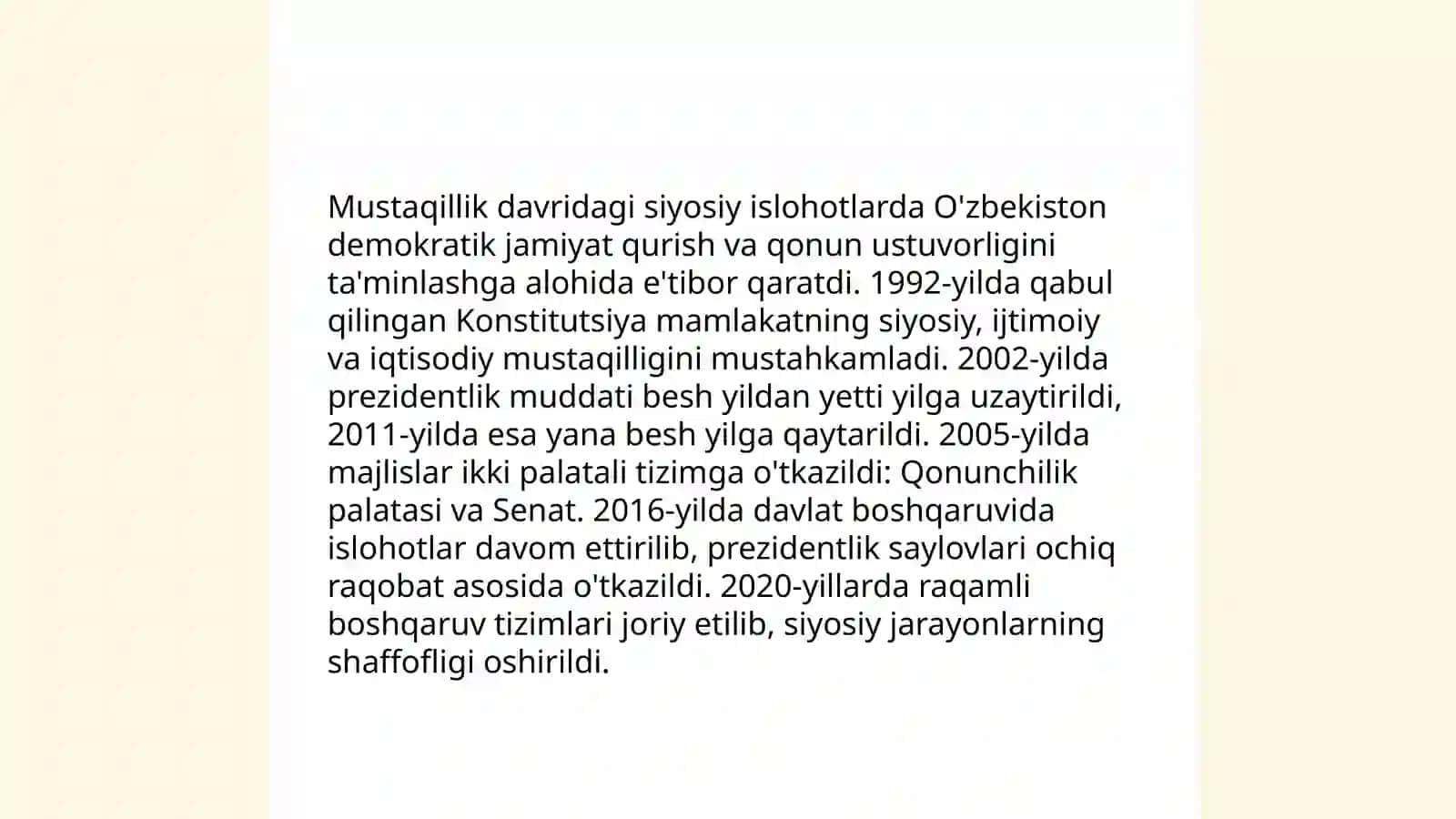 O'zbekistonda demokratik jamiyati asoslarining shakillanishi,amalga oshirilishi,siyosiy islohatlar 4