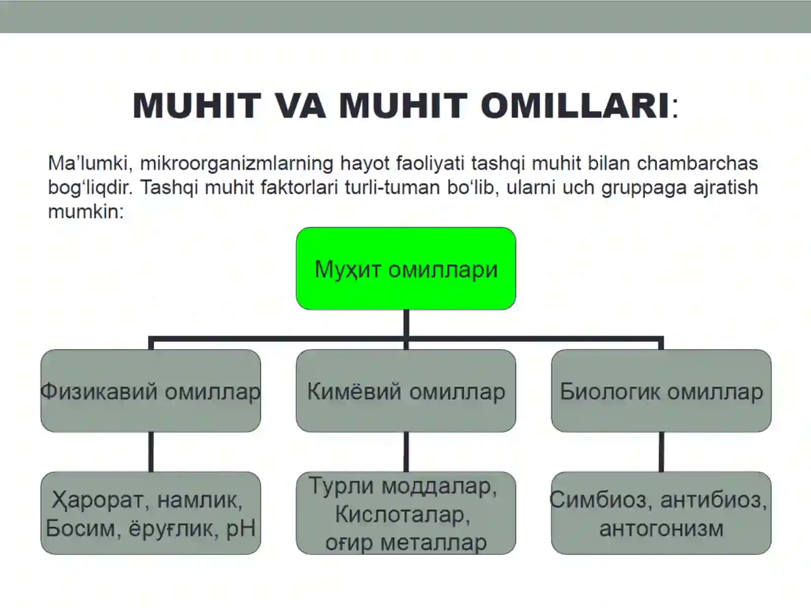 Tashqi muhit omillarini mikroorganizmlarning hayot faoliyatiga ta'siri; sterilizatsiya, dezinfektsiya, aseptika va antiseptika 4