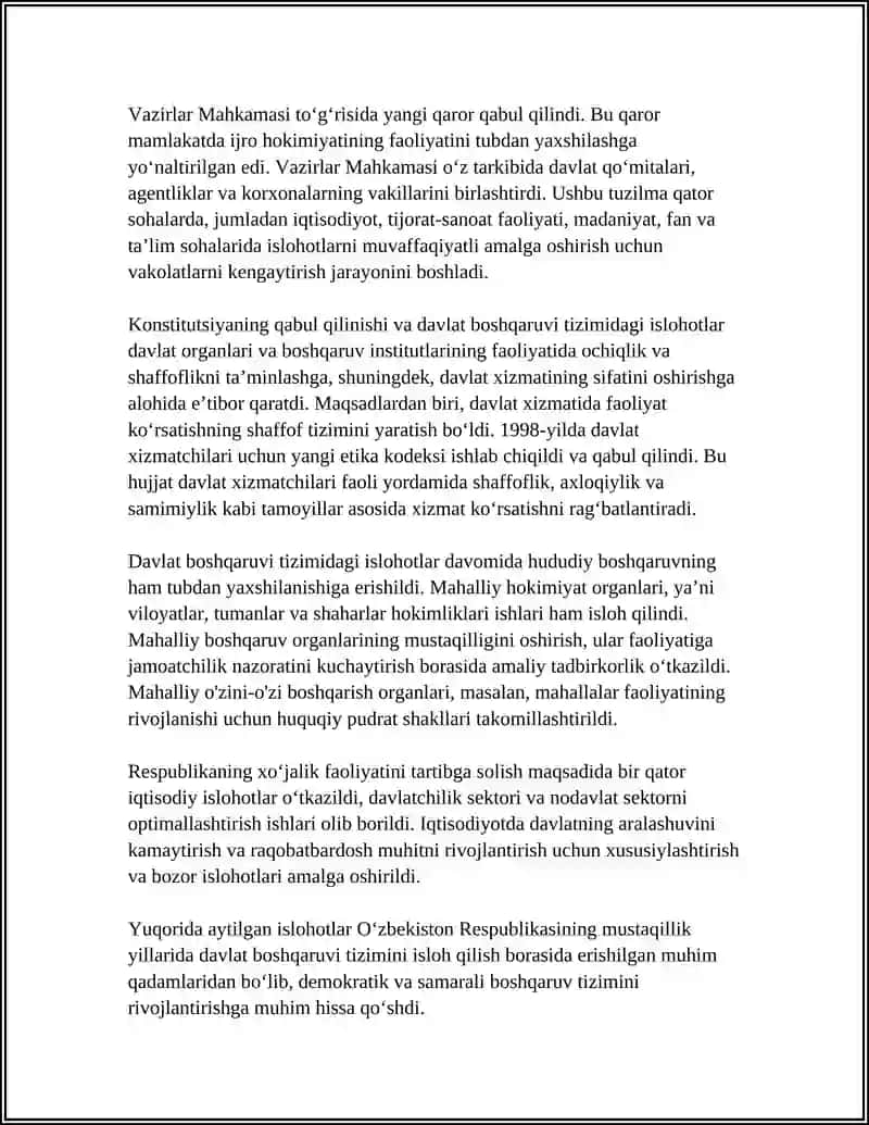MUSTAQILLIK YILLARIDA DAVLAT BOSHQARUVI TIZIMIDA AMALGA OSHIRILGAN ISLOHOTLAR 4