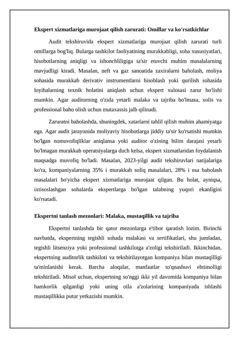 Auditorlik tekshiruvlarida ekspert xizmatidan foydalanish 4