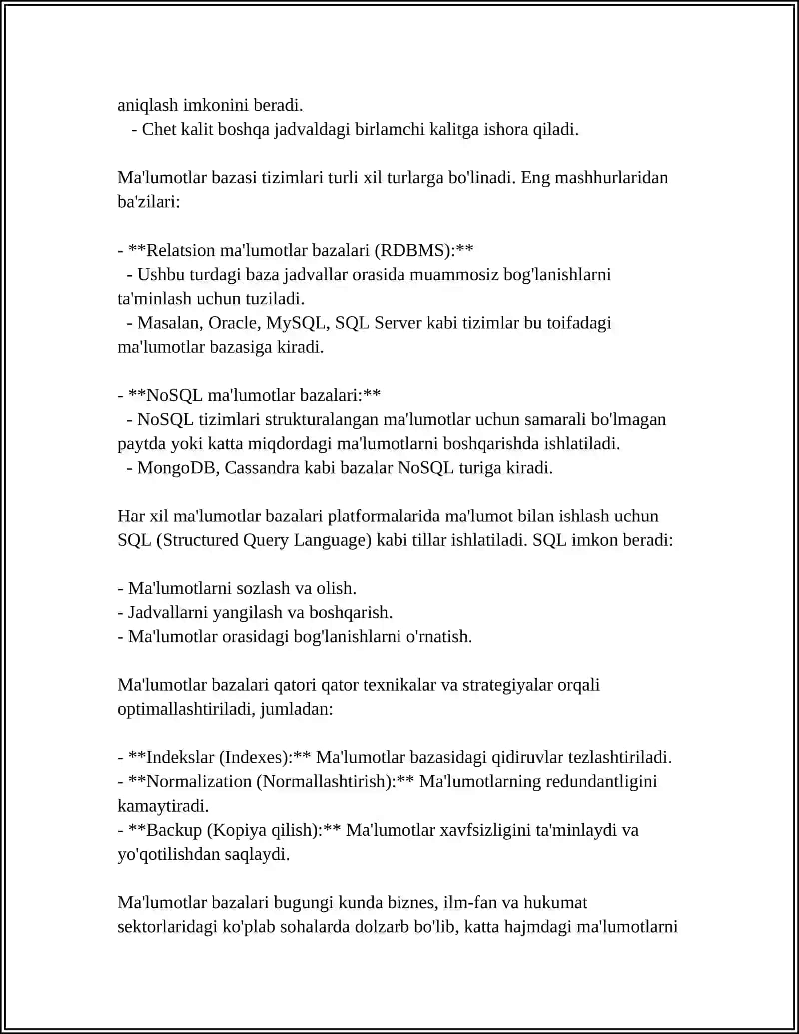 MA’LUMOTLAR BAZALARI VA KATTA HAJMDAGI MALUMOTLAR BILAN ISHLASH TEXNALOGIYALARI 4