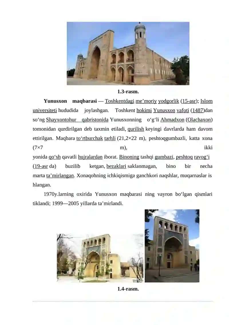 Toshkent shahridagi "Ko‘koldosh, Xoji Ahror valiy, Yunusxon, maqbarasi, Shayx Hovondo Tohur va boshqa me’moriy obidalarini geometrik tahlili" 4