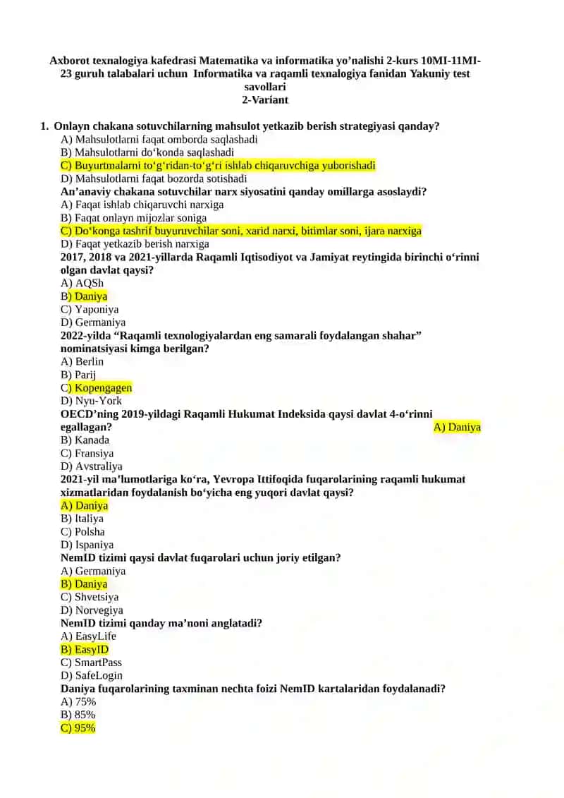 Informatika va raqamli texnologiya fanidan Yakuniy test savollari. 4
