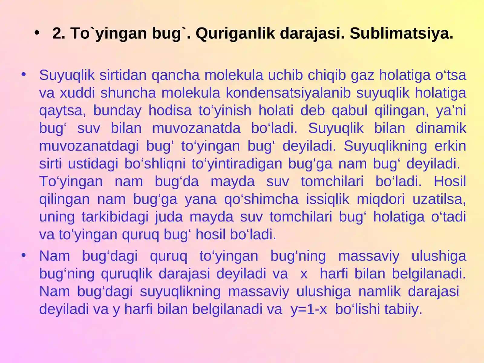 Suv bug’i. Bug`lanish va kondensatsiya. To`yingan bug`. Quriganlik darajasi. Sublimatsiya. Nam, to’yingan, quruq va o’ta qizigan bug’. T-S, h-S diagrammalar 4