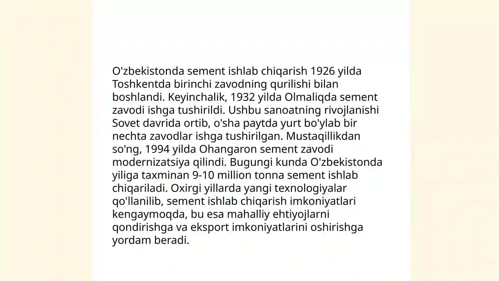 O'zbekistonda sement ishlab chiqarish zavodlari va ularning quvvati 4