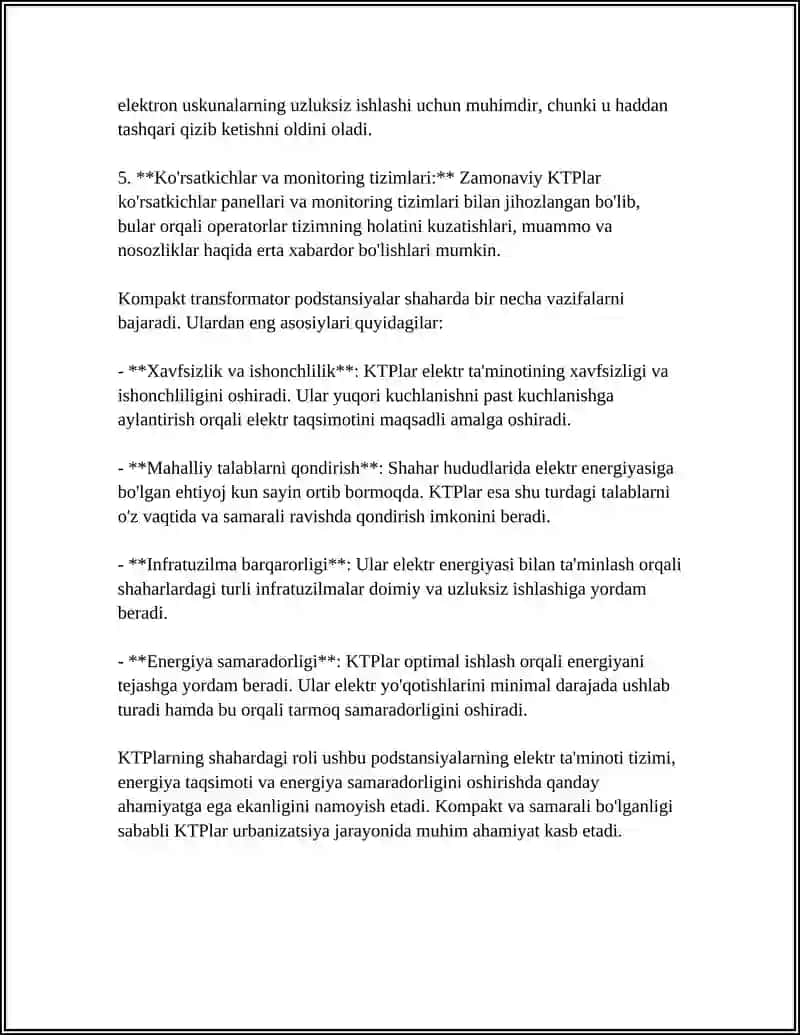 SHAHAR HUDUDIDAGI (KTP) KOMPLEKT TRANSFORMATOR PODSTANSIYA 4