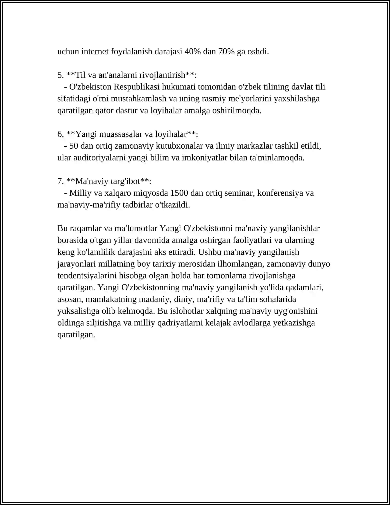 YANGI O’ZBEKISTONBDA AMALGA OSHIRILAYOTGAN MA’NAVIY O’ZGARISHLAR VA O’ZBEKISTON RESPUBLIKASIDA OMMAVIY AXBOROT VOSITALARINING FAOLIYATI 4