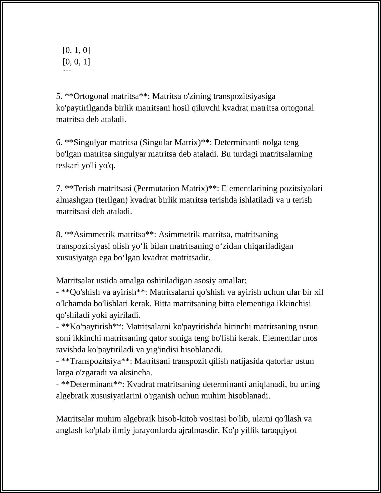ALGEBRAIK MATRITSALAR MUSTAQIL ISH 4