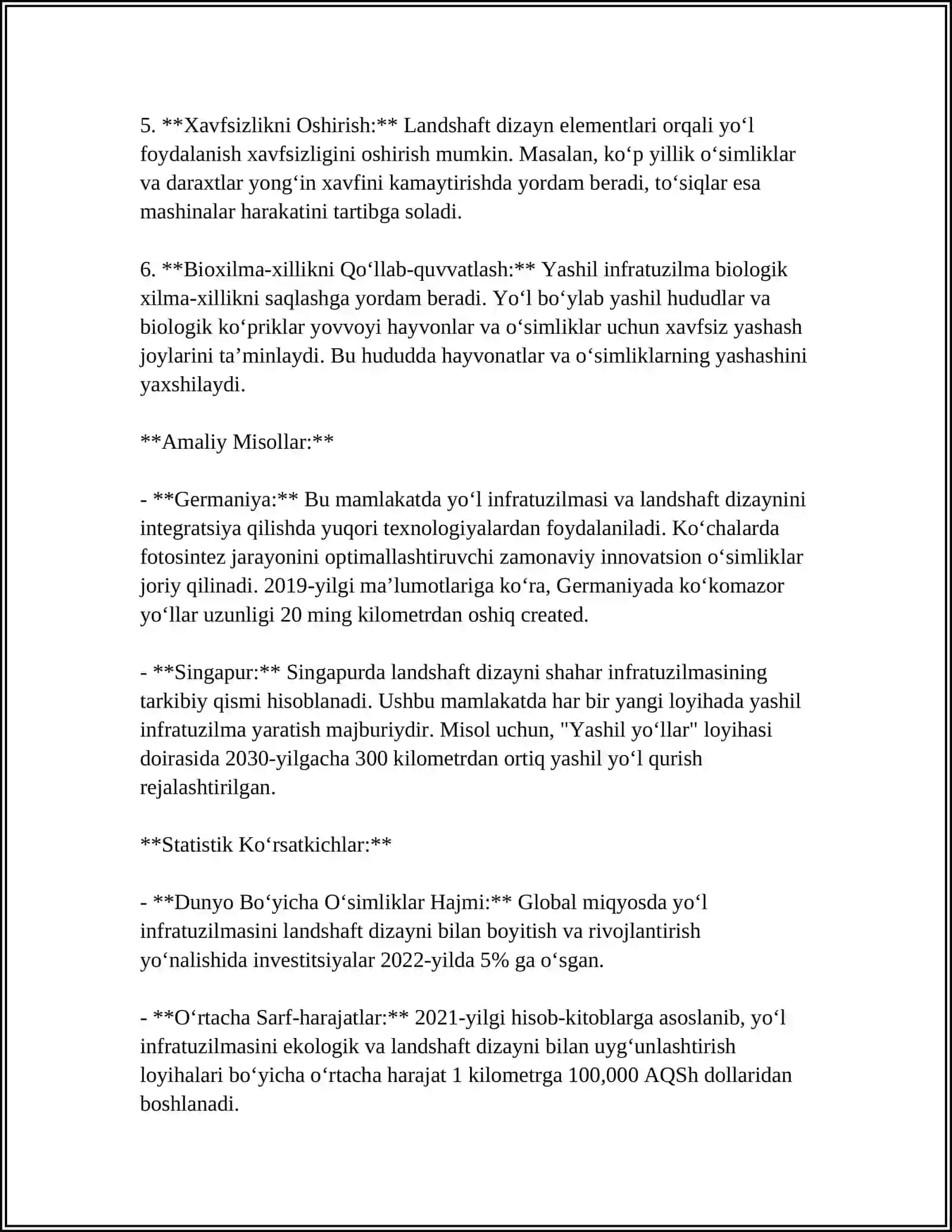 TRASSA ELEMENTLARINI LANDSHAFT BILAN UY'GUNLASHUVI. YO'L ATROFINI ARXITEKTURAVIY BADIIY BEZASH 4