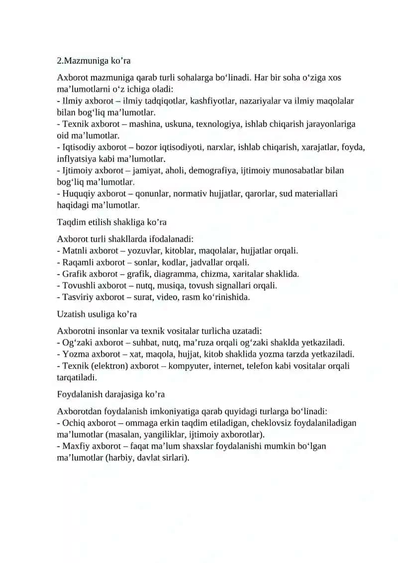 Axborot tushunchasi va uning turlari. Axborotni olish, saqlash va qayta ishlash yo`llari (insho) 4
