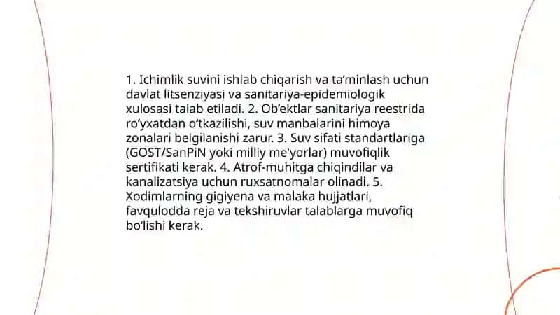 Ichimlik suvini tayyorlash va yetkazib berishda sanitariya me’yorlari Gigiyena talablarining huquqiy jihatlari 4