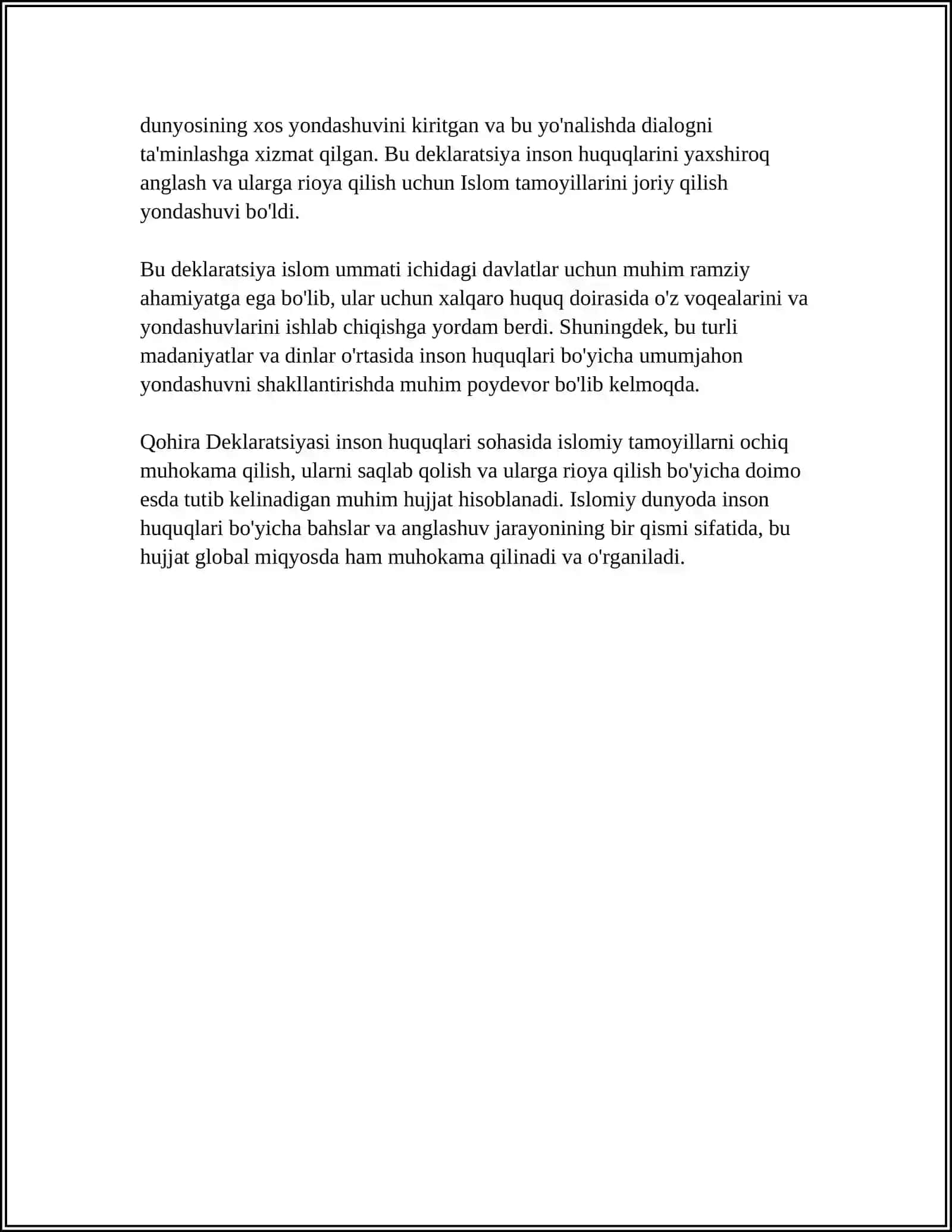 QOHIRA DEKLARATSIYASI TARIXI VA MAZMUNI BORASIDA TAHLILIY MAQOLA TAYYORLASH 4