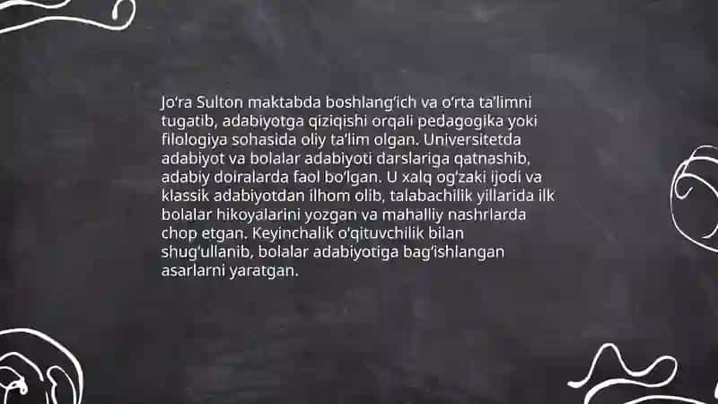 Joʻra sultonning hayoti va ijodi:Fani Bolalar adabiyoti 4