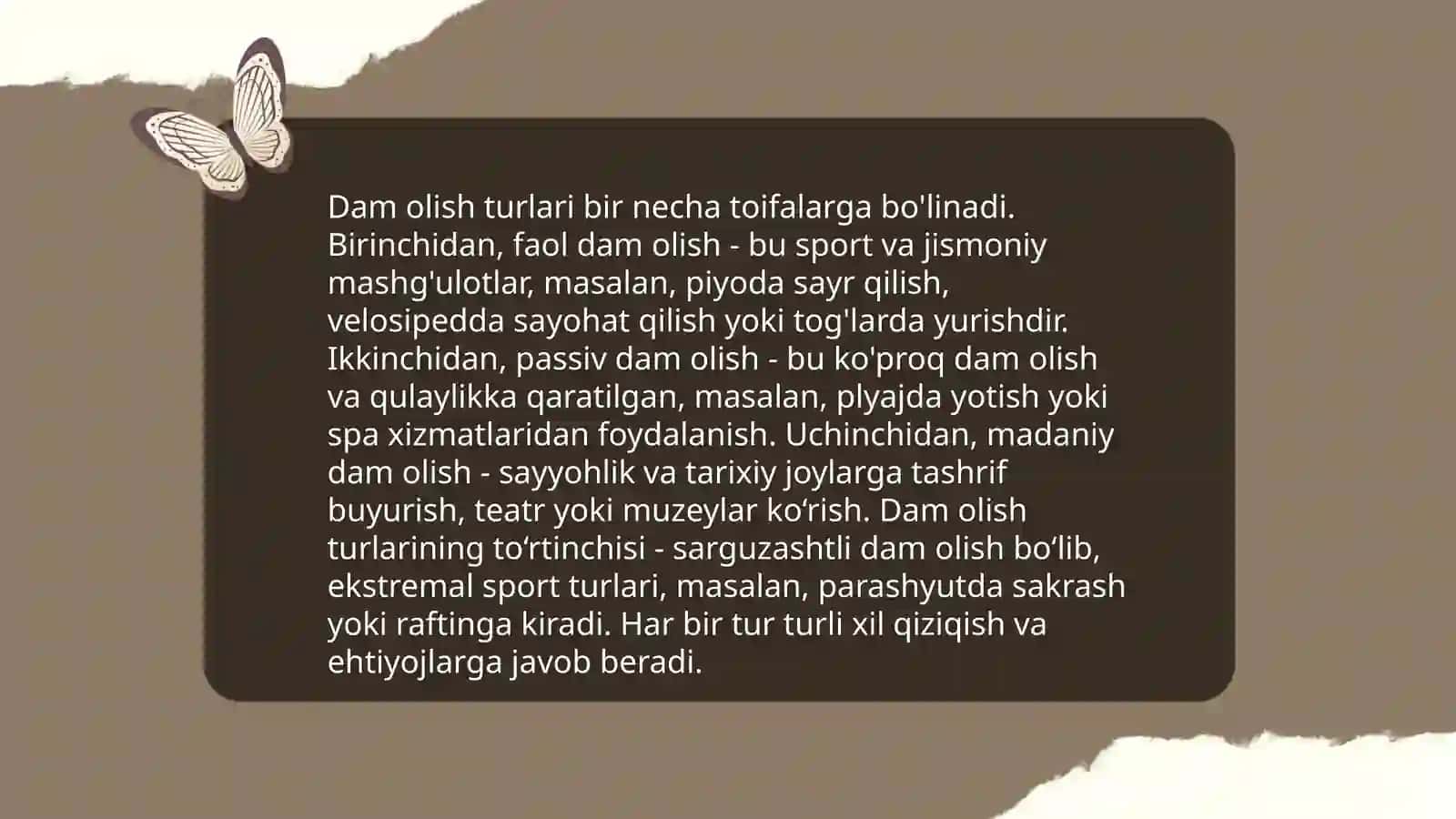Dam olish faoliyati turlari, ta’sir etuvchi omillar 4