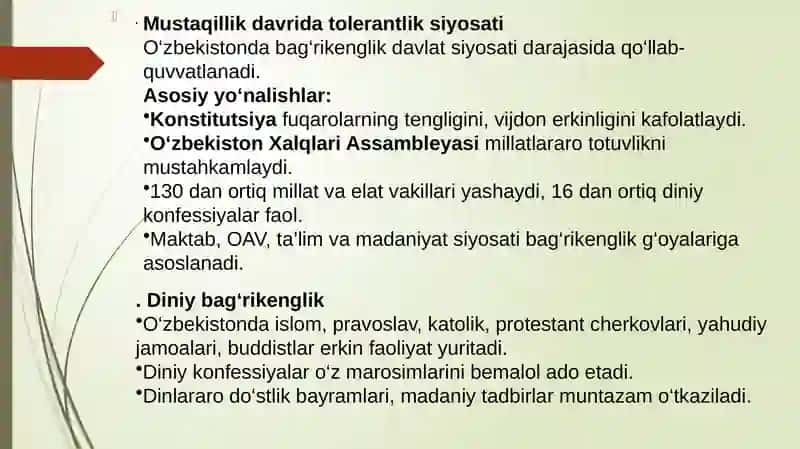 O`zbekistonda tolerantlik va millatlararo totuvlikni ta`minlashning tarixiy ildizlari va demokratik prinsiplar. 4
