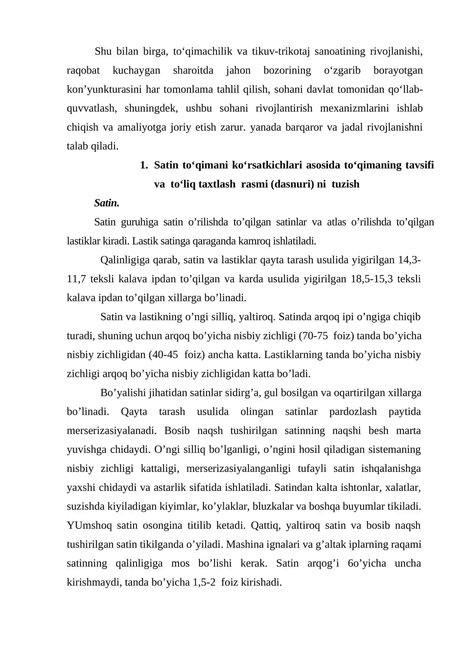Farg'ona viliyati Oltiariq tumanida ’’ Satin” o’rilishi gazlamalar ishlab chiqarish korxonasining loyihasi 4