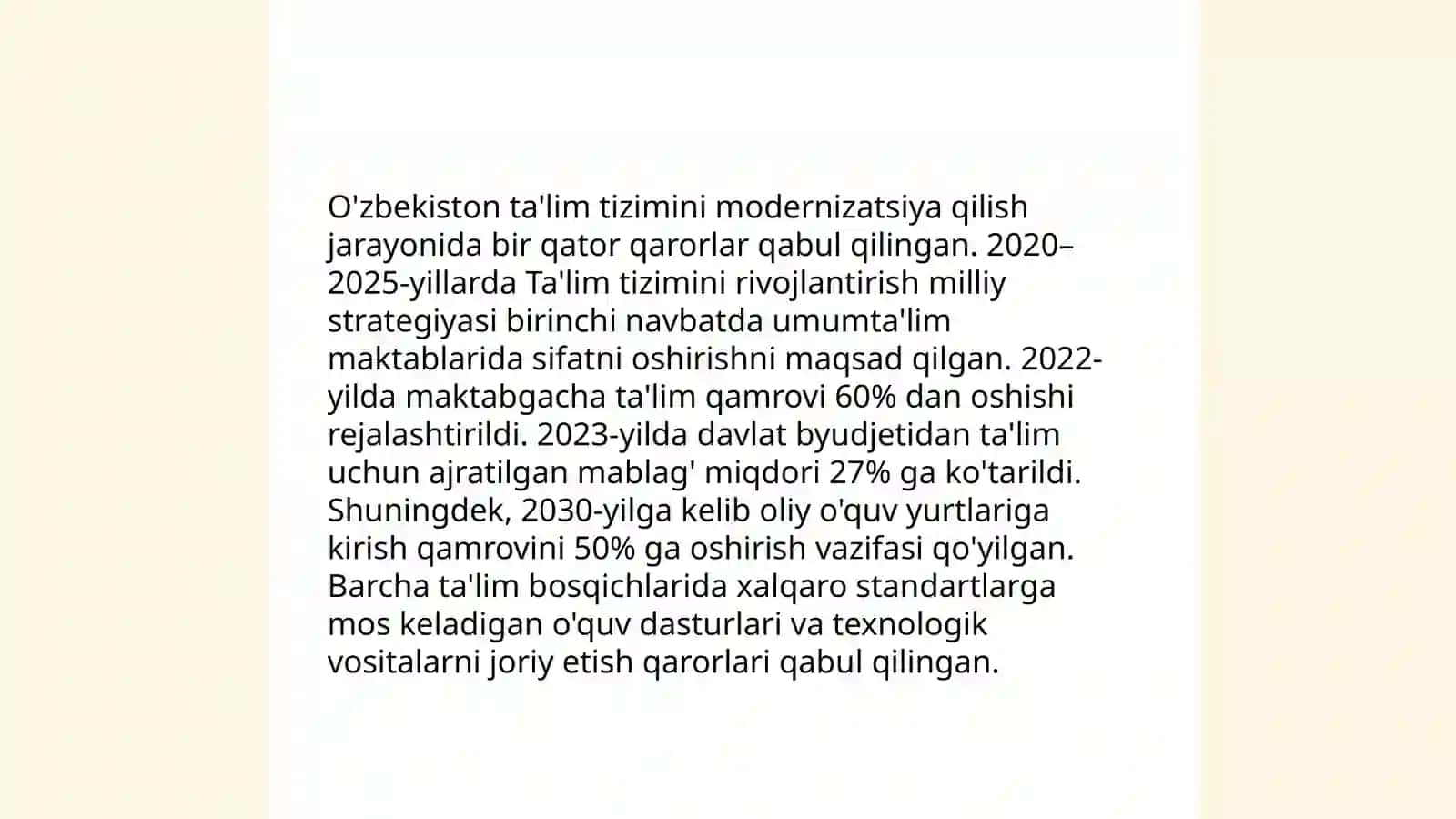 O'zbekistinda ta'lim sohasining taraqqiyotini belgilovchi qarorlar va ularning mohiyati 4