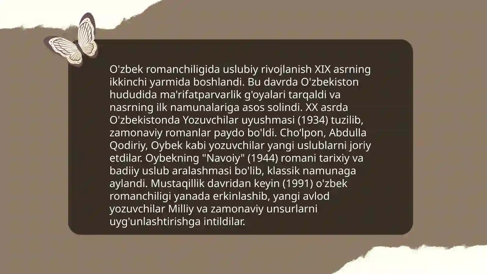 O'zbek romanchilik maktabining shakllanishi bo'yicha ma'lumotlar to'plash va tahlil etish 4