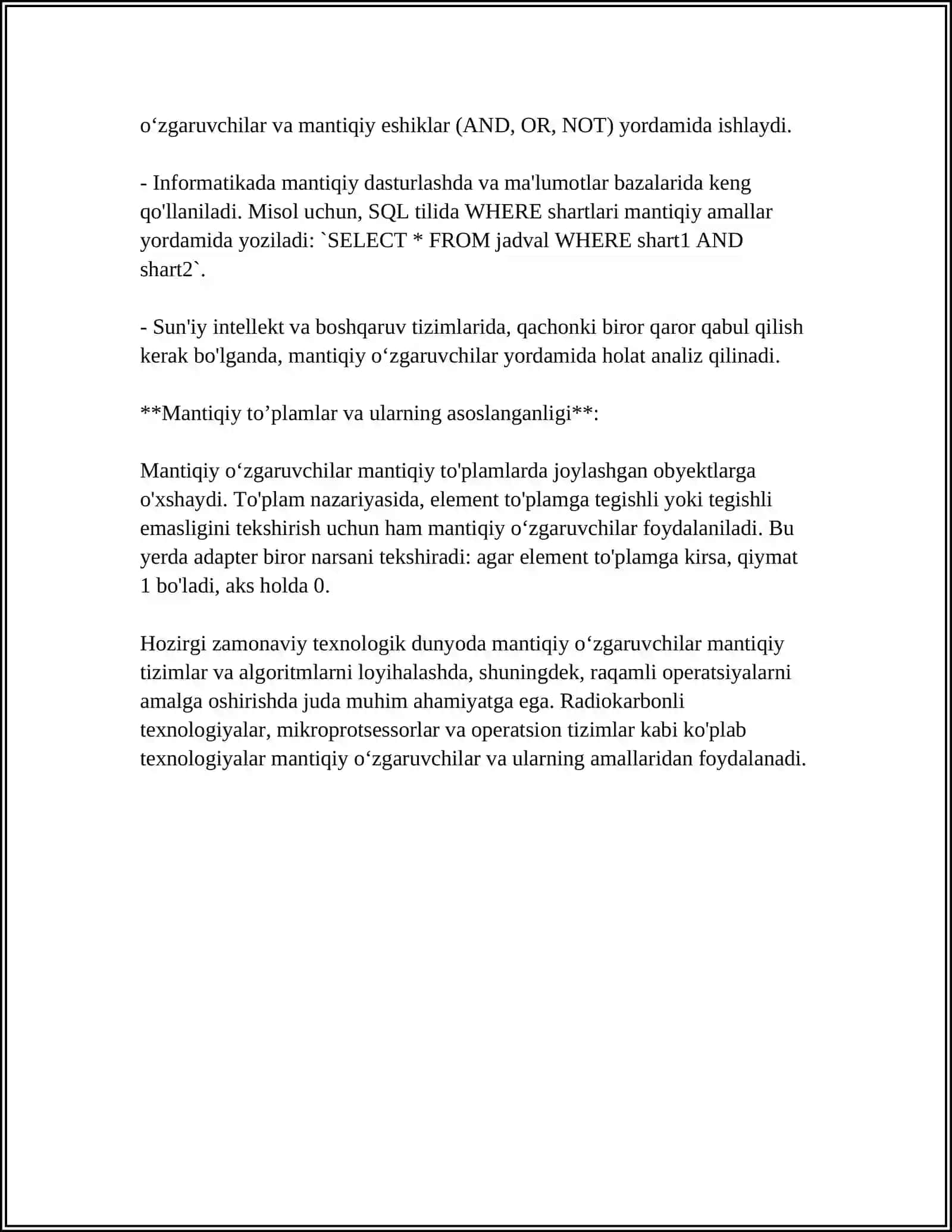 MANTIQIY OʻZGARUVCHILAR VA ELEMENTAR MANTIQIY AMALLAR 4