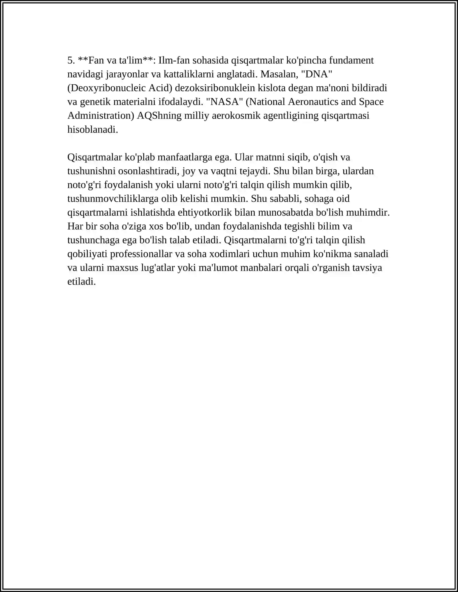 SOHAGA OID QISQARTMALAR ROʻYHATI VA IZOHI 4