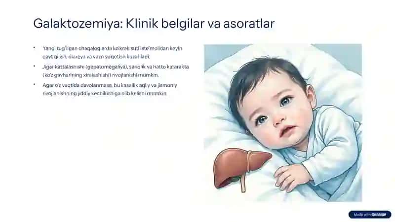 Uglevodlar almashinuvi buzilishi bilan kechuvchi kasalliklar (galaktozemiya, fruktozemiya, glikogenozlar) 4