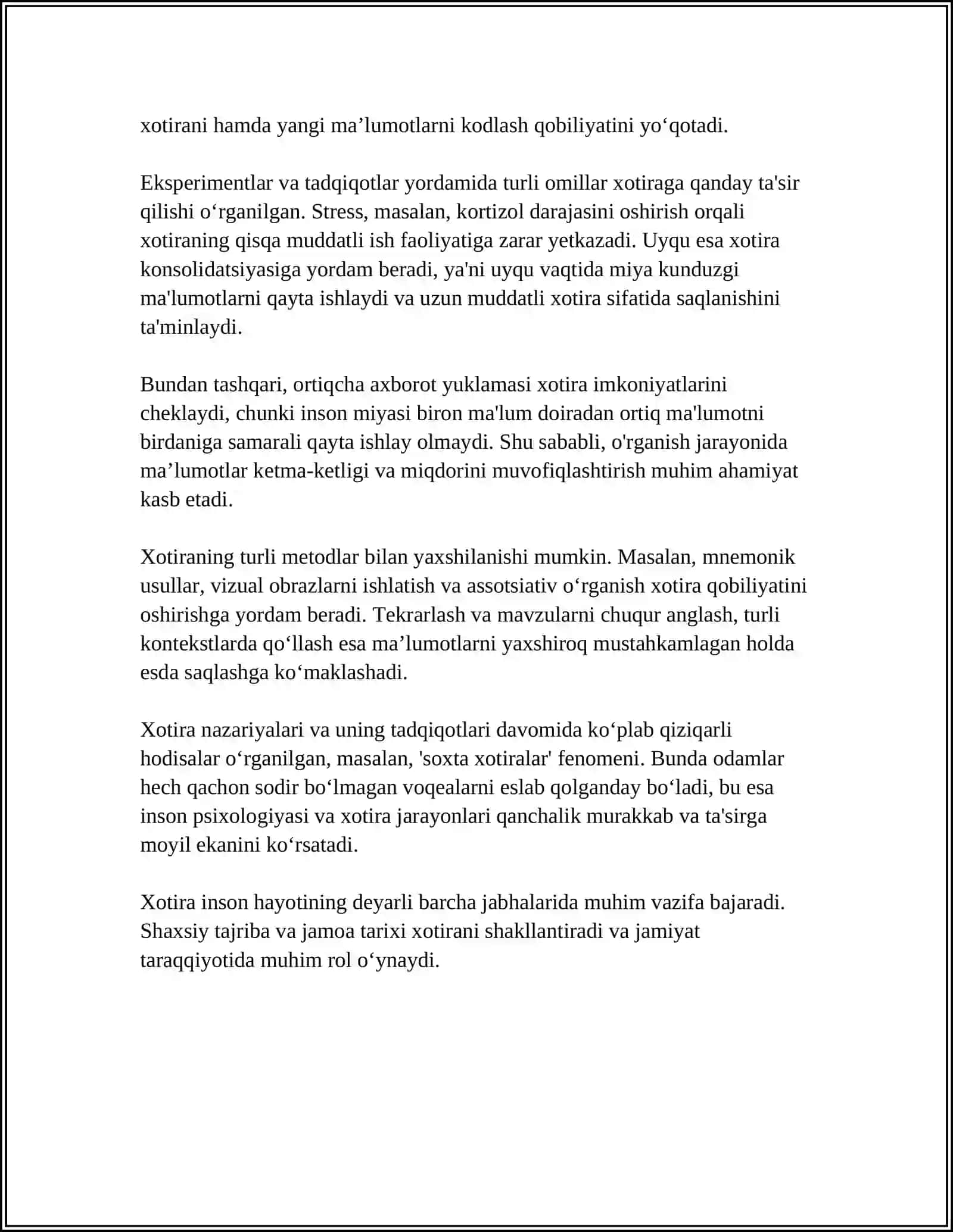 MUSTAQIL ISH Mavzu: XOTIRA VA UNING TURLARI 4