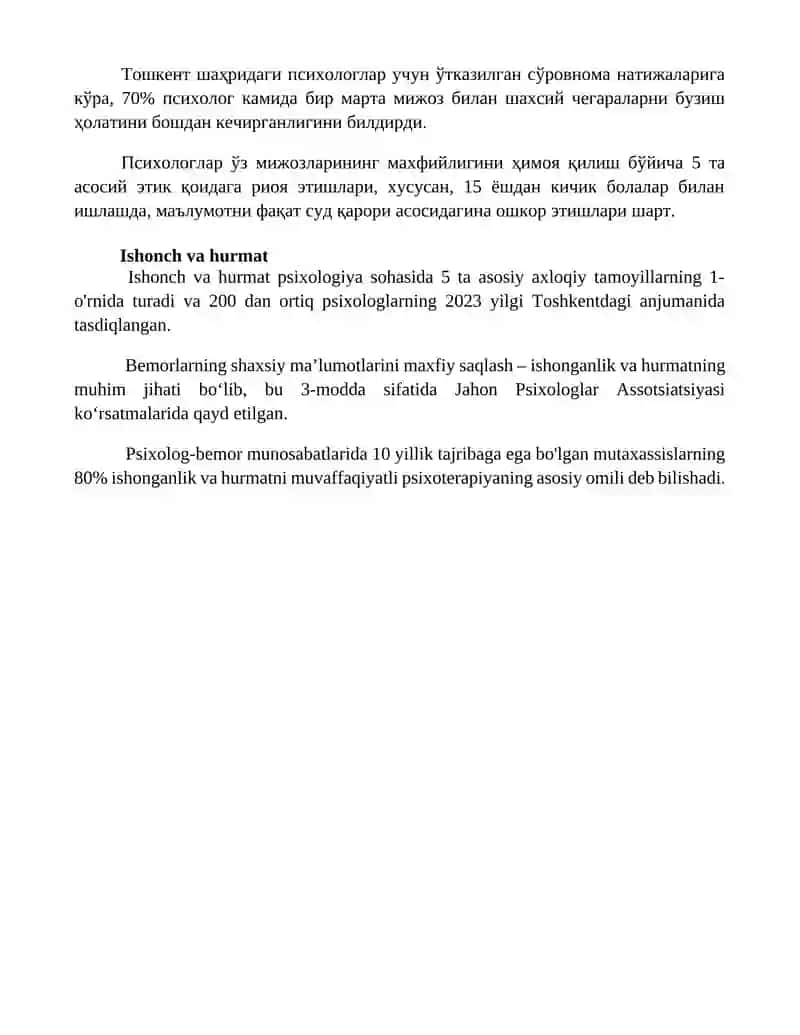 Psixologiya kasb sifatida. psixologiyaning kasbiy etikaviy tamoyillari 4