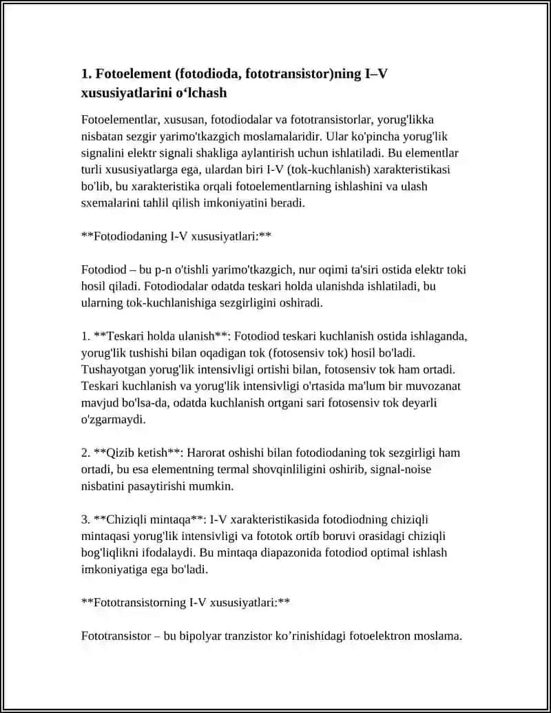 FOTOELEMENTLARNING XARAKTERISTIKALARINI VA ULASH SXEMALARINI TEKSHIRISH 4