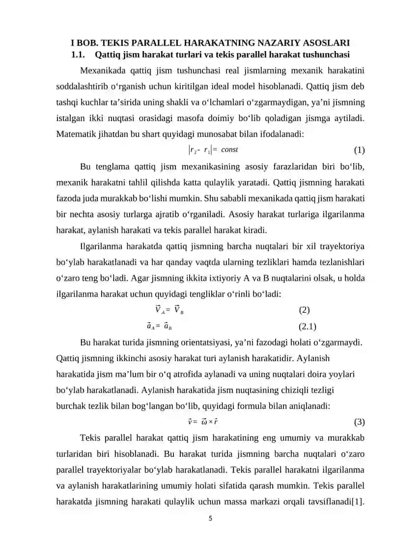 QATTIQ JISMNING TEKIS PARALLEL HARAKATI VA UNING KINEMATIK HAMDA DINAMIK TAHLILI 4