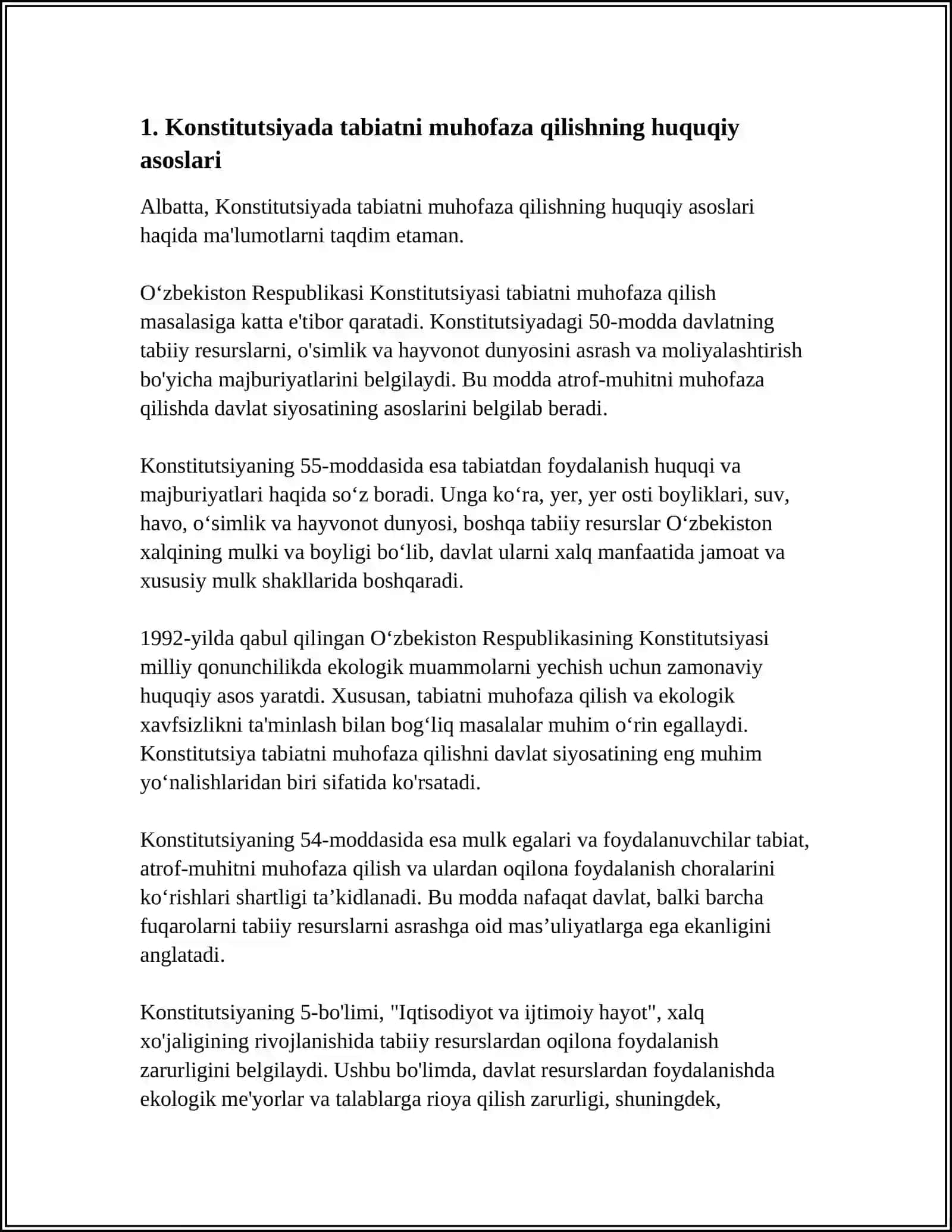 KONSTITUTSIYANING MODDALARIDA TABIATNI ASRASHGA DOIR QONUNLARNI OʻRGANISH TAHLIL QILISH. PREZIDENT QARORLARINI OʻRGANISH.OLIY MAJLIS TOMONIDAN CHIQARILGAN TABIATNI MUHOFAZA QILISHGA DOIR QONUNLARNI OʻRGANISH VA REFERAT YOZISH 4